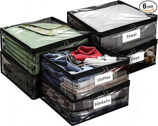 Kikerike Plastic Storage Bags with Easy-Glide Zipper, Pack of 6, Durable Clear Vinyl Zippered Storage Bags for Clothes Sweaters Comforters Blankets Sheets Bedding (15.7 x 13.8 x 3.9 Inch, Black)