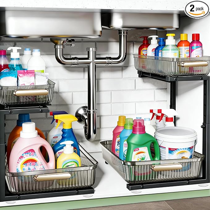 ARSTPEOE Under Sink Organizer - 2 Pack Multi-Purpose Pull-Out Storage Shelf | Slide out Pull out Cabinet Organizer Shelf, Storage for Kitchen Bathroom, Clear