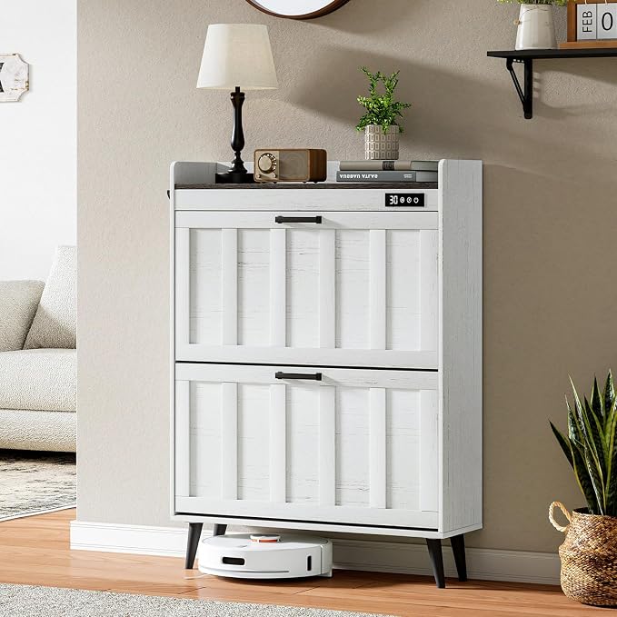 ChooChoo Shoe Storage Cabinet with 2 Flip Drawers for Entryway | Shoe Organizer Storage with Deodorizer, Freestanding Hidden Slim Narrow Shoe Rack Cabinet, Antique White & Brown