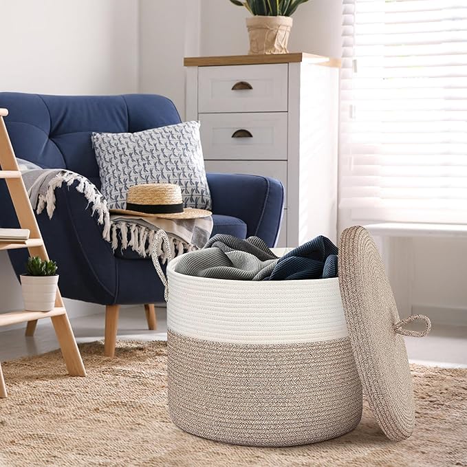 18" X18“ X 14" Large Storage Basket with Lid, Blanket Basket Living Room, Woven Cotton Rope Storage Box, Lidded Kids Dog Toy Bin, Wicker Laundry Basket, Blankets Pillows Organizer Holder