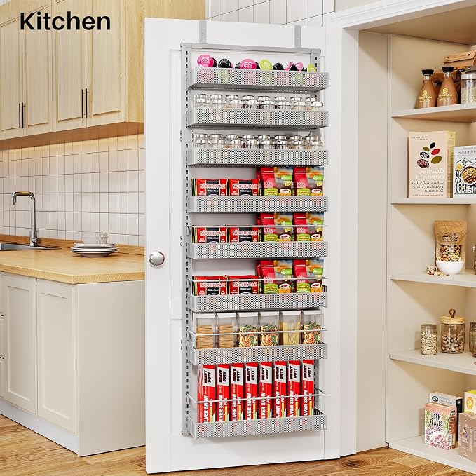 SNTD 8 Tiers Over the Door Organizer - Height Adjustable Pantry Organizers and Storage with Dense Mesh Baskets, Anti-Swing Hanging Door Spice Rack for Kitchen Bathroom (Grey, 17" W x 6" D x 69" H)