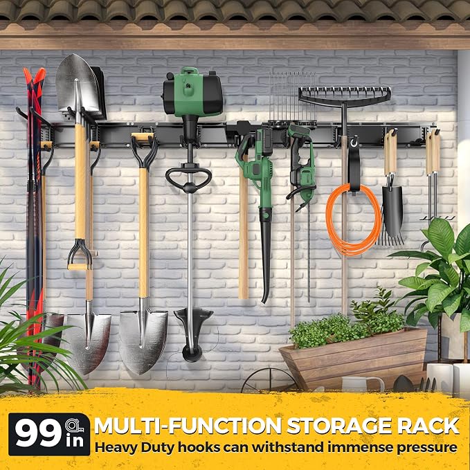 LBT 99" Garage Tool Organizer Wall Mount - 1000lbs Garden Tool Organizer | Anti-Rust, Adjustable Hooks, Sheds Garden Tool Organizer Black, Gifts For Men Dad Husband