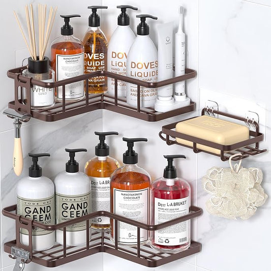 YASONIC Corner Shower Caddy Adhesive, 100% Rustproof Shower Organizer with Soap Holder, No Drill Shower Shelf for Inside Shower, Wall-Mounted Shower Storage for Homes (3 Pack, Bronze)