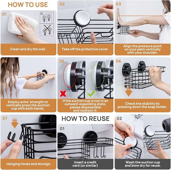 LEVERLOC Shower Caddy Suction Cup, Bathroom Organizer for Inside Shower | Black Bathroom Organizer With Hook, Rustproof Shower Holder Storage, 3 Pack Shower Caddies, Heavy Duty Shower Basket
