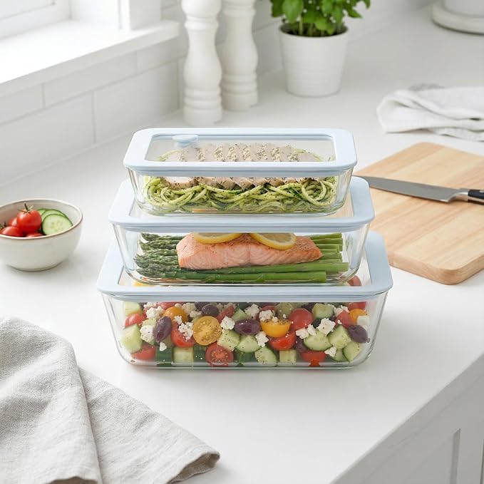 Glass Food Container Set with Silicone Glass Lid, 3 Pack, Airtight, LeakProof, 100% Plastic Free, Meal Prep Food Storage Containers