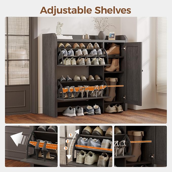 Shoe Cabinet Storage for Entryway with 2 Flip Drawers(3-Tier), Rattan Freestanding with Door & 3 Adjustable Shelve,Hidden Shoe Rack Organizer for Hallway, Foyer