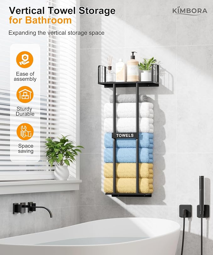 Towel Racks for Bathroom with Top Towel Shelf Hold 8 Large Rolled Towels, 36" Wall Mounted Bathroom Towel Storage Organizer for Small Bathroom, Camper, Rv (Black)