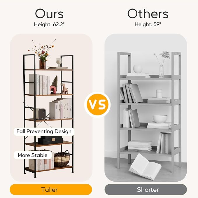 HealSmart 5 Tier Bookshelf, Free Standing Book Shelf Home Office Bookcase Shelf Storage Organizer for Bedroom, Living Room, Bathroom, Office, Balcony, Rustic Brown
