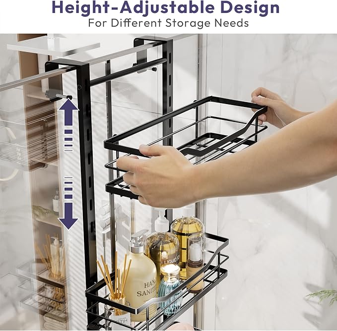 SWTYMIKI Over the Door Shower Caddy - 3 Tier Adjustable Shower Organizer Hanging with Soap Holder, No Drilling Stainless Steel Bathroom Rack Hanging for Body Wash, Shampoo, Soap, Razor, Black