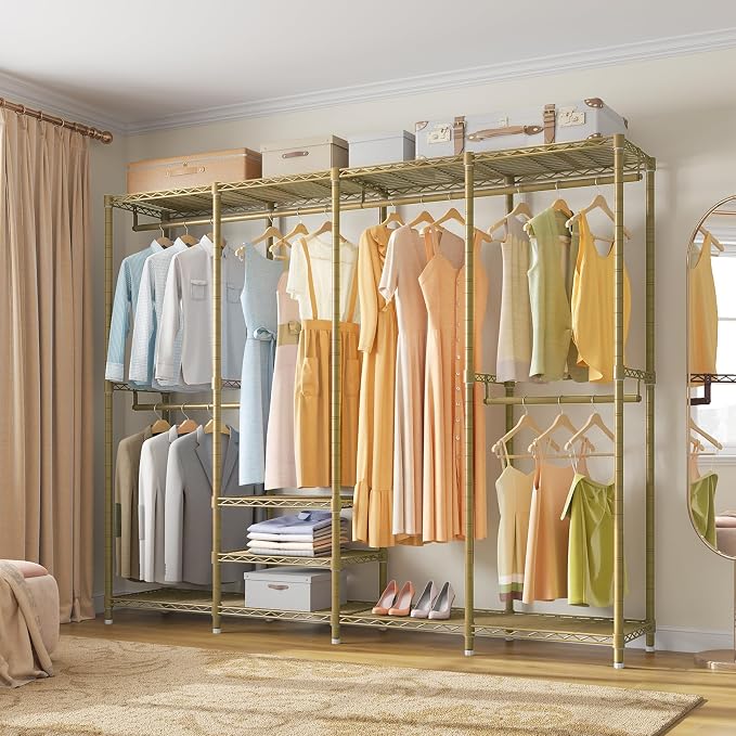 VIPEK V40 Heavy Duty Clothes Rack, Modular Closet System Clothing Rack | 76 inch Adjustable Open Clothing Storage System with 6 Shelves & 4 Hang Rods for Bedroom/Reach-in Closet, Gold
