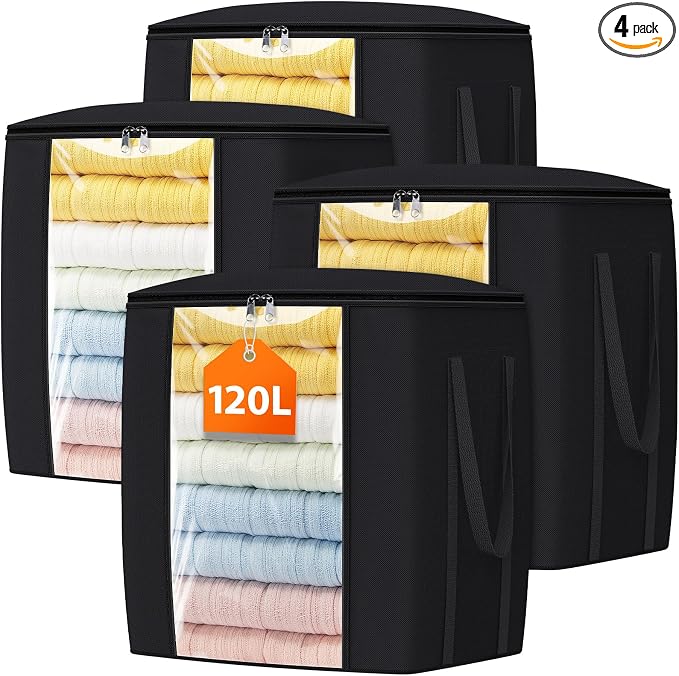 TasticTotes 120L Extra Large Blanket Clothes Storage Bags, Gray, 4 Pack | Foldable Blanket Storage and Organization, Thick Fabric Containers with Reinforced Handles & Zippers for Comforters, Bedding