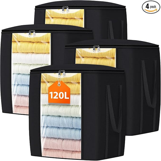 TasticTotes 120L Extra Large Blanket Clothes Storage Bags, Gray, 4 Pack | Foldable Blanket Storage and Organization, Thick Fabric Containers with Reinforced Handles & Zippers for Comforters, Bedding
