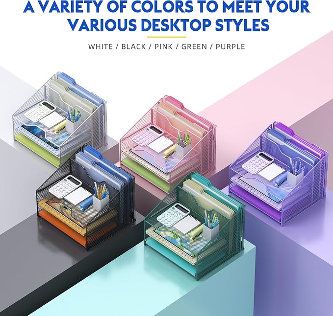 Samstar Desk File Organizer, Mesh Letter File Folder Holder with 3 Paper Trays and 2 Vertical Upright Section, for Office Supplies,Desk Accessories & Workspace,Black.