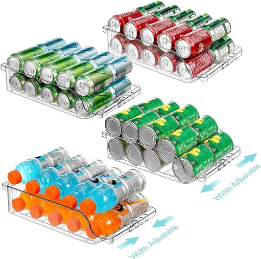 4 Packs Refrigerator Organizers and Storage Width Adjustable Can Organizer for Refrigerator Expandable Soda Can Dispenser for Beer Soda Pop Can Soda Organizer for Fridge Kitchen Pantry Clear