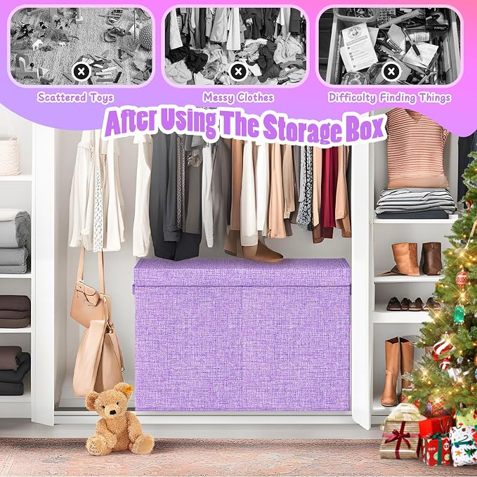 Large Toy Storage Box with Lid, Dividers, Collapsible Kids Toy Chest Purple | Toy Box for Boys, Girls, Nursery, Bedroom, Living Room, Playroom, 25 x 13 x 16 inches