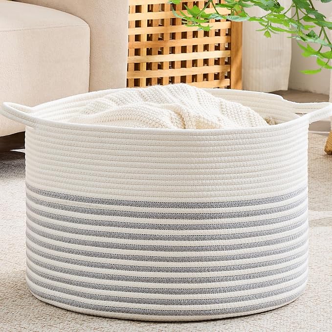 KAKAMAY Large Blanket Basket with Handles, Storage Basket for Living Room | Extra Large Capacity | Natural Cotton Rope | Blanket Storage | Woven Storage Basket | Stuffed Animal Storage | Laundry Basket