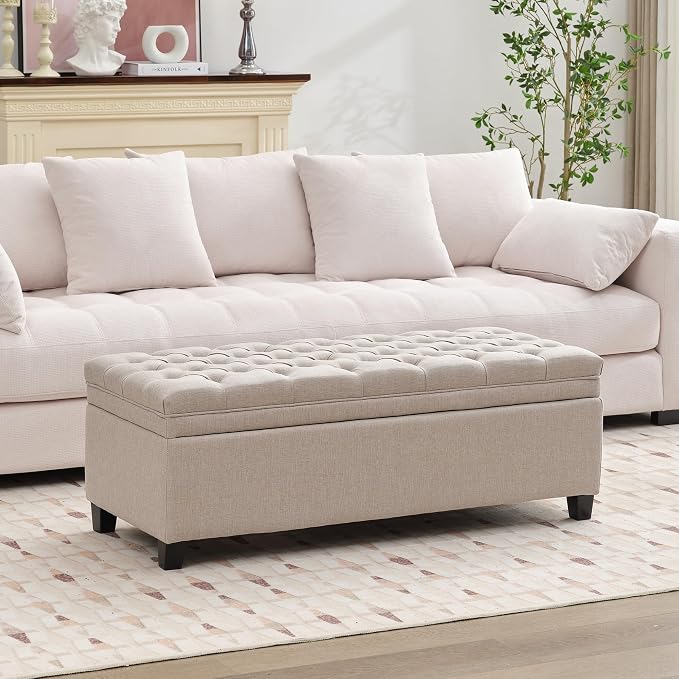 51" Storage Ottoman for Bedroom & Living Room, End of Bed Bench with Black Wooden Legs, Linen Upholstered Tufted Ottoman, Entryway Storage Bench, Beige