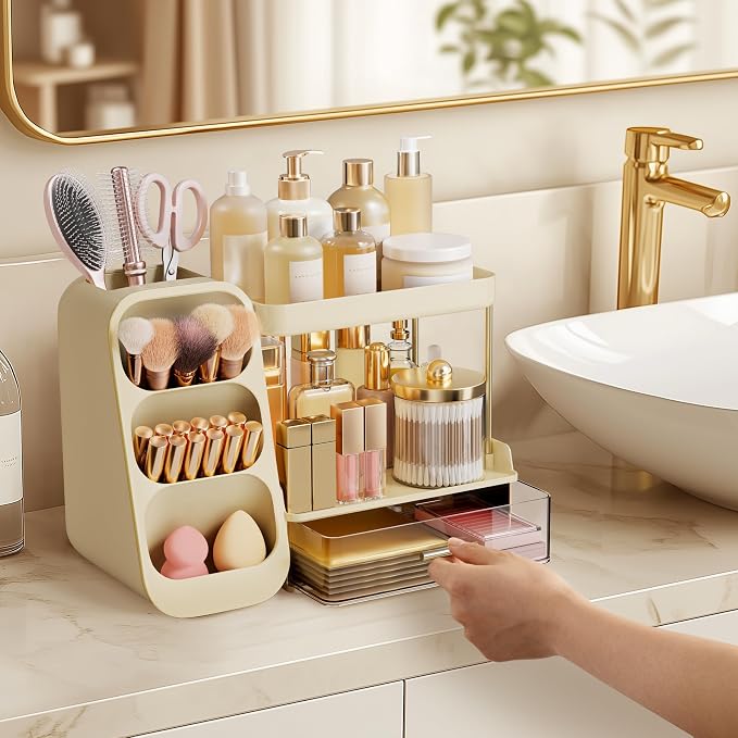 HBlife Bathroom Organizers and Storage with Brush Holder for Vanity, 3 Tier Plastic Makeup Organizer for Dresser Counter, Skincare, Lipstick, Perfume, and Cosmetic Storage, Beige