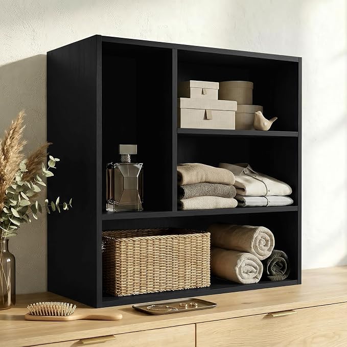 Homes: Inside + Out Apexa 4-Vertical Storage Organizer Shelves, Stackable Wood Bookcase for Organization, Dorm Teen Room Decor & Home Office, Black