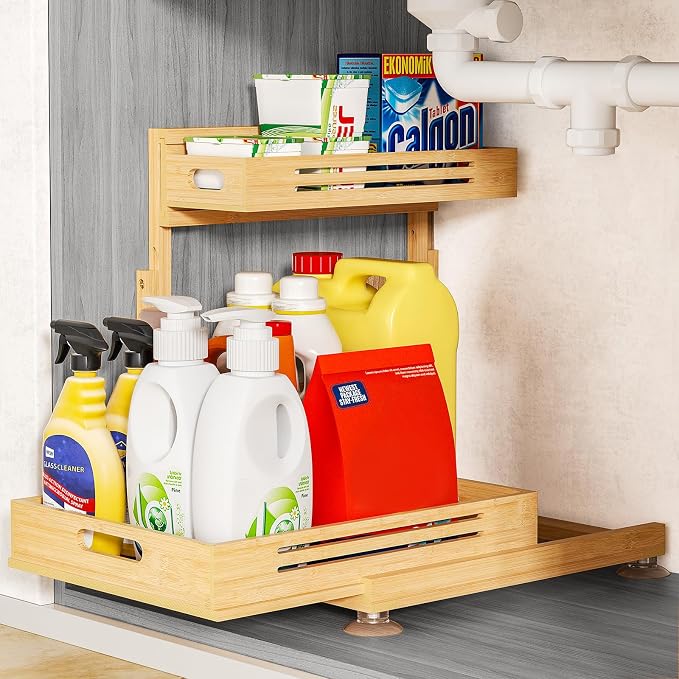 Banlilu Under Sink Organizer, Pull Out Cabinet Organizer, 2 Tier Slide Out Sink Shelf Cabinet Storage Shelves, Storage for Kitchen Bathroom, Natural Premium Bamboo Wood
