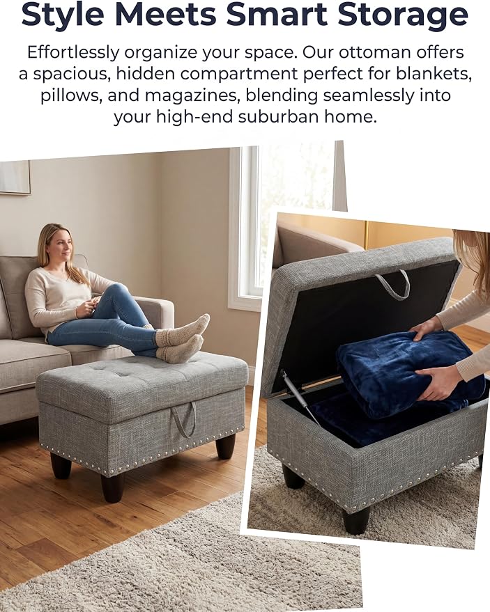 Ottoman with Storage, 28.5 inch Liner Storage Ottoman with Padded Seat, Large Entryway Bench with Solid Wood Frame, Upholstered Sturdy Foot Rest for Living Room, Bedroom, Entryway, Gray