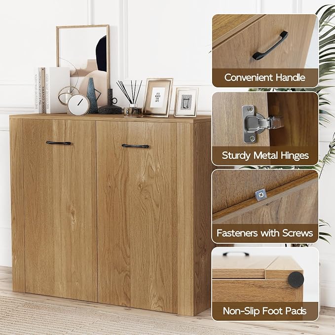 Giantex 38" Sideboard Cabinet with 2 Doors & 4 Shelves (Natural) | Bathroom Storage Organizer with Anti-Tipping Device, Metal Hinges, Credenza for Living Room, Kitchen, Entryway