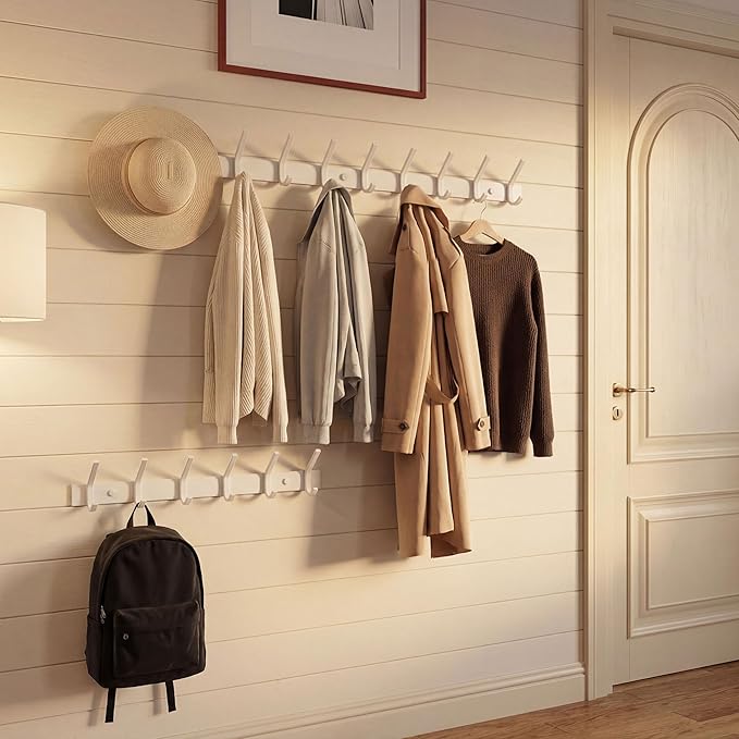 WEBI Coat Rack Wall Mounted,Coat Hooks Wall Mount,Coat Hanger Wall Hook Rack,6 Hooks for Hanging Coats,Hats,Jacket,Clothes,White,2 Packs
