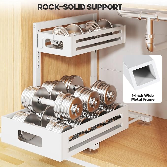 2 Pack Under Sink Organizer,Pull Out Cabinet Organizer With Smooth Cylindrical Rail,Metal Slide Out Drawer for Kitchen Bathroom Laundry Cabinet,8-Level Tool Free Height Adjustable-White