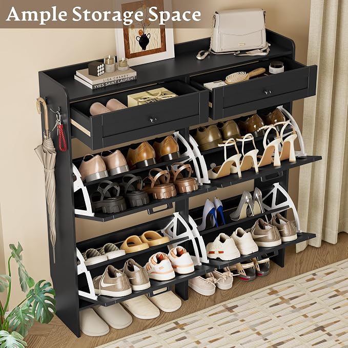 BORNOON Shoe Storage Cabinet for Entryway, Farmhouse Wide Shoe Cabinet with 4 Flip Drawers and 2 Top Drawers, Freestanding Organizer with Adjustable Shelves, Hooks, and Anti-Tip Kit for Hallway