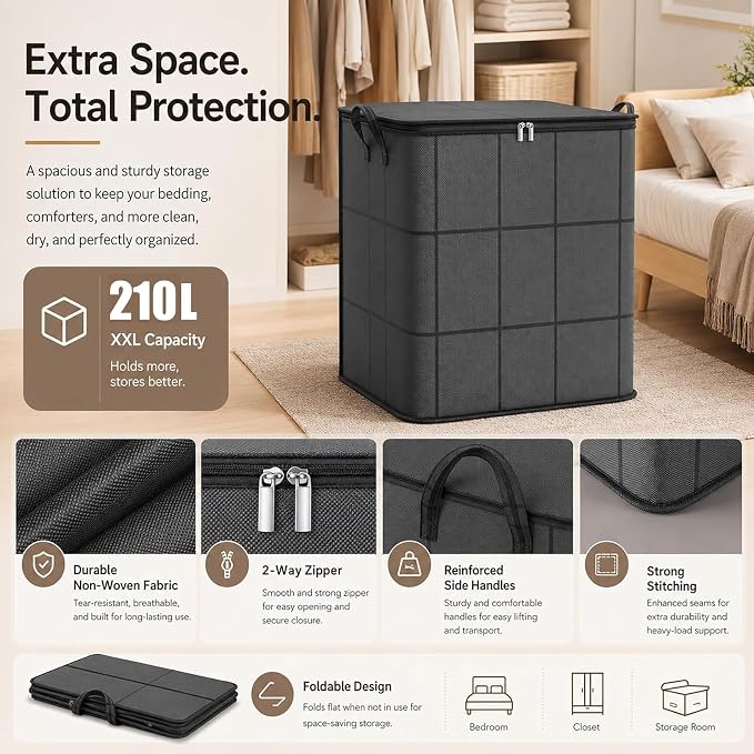 210L Spacious Moving Storage Bin, Large Zippered Fabric Organizer with Reinforced Handles, Foldable Blanket Storage Bag for Bedding, Clothes, Quilts, Comforters and Moving Day，3：M: 19.7x15.7 in