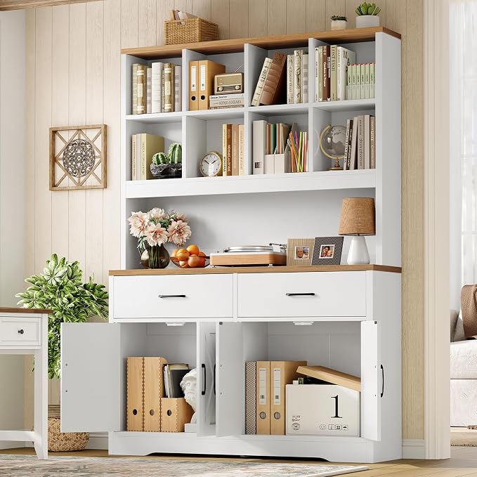 Storage Cabinet with Doors and Drawers, Pantry Cabinets, 5 Tier Floor Standing Bookshelves, Bookshelf and Bookcase, 8 Open Storage Shelves and Printer Stand for Study, Living Room, Office