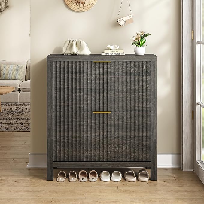 Fluted Shoe Cabinet Storage with 2 Flip Drawers for Entryway, Hallway | Narrow Shoe Rack Freestanding Shoe Organizer with Legs for Entryway，Hallway, Dark Gray
