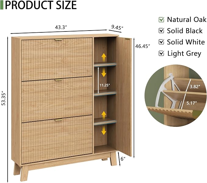 Xixini Shoe Cabinet with 3 Flip Drawers, 54" Tall Narrow Fluted Shoe Storage Organizer for Entryway, Hidden Wooden Shoe Rack with Adjustable Side Cabinet for Front Door Entrance, Hallway, Natural Oak