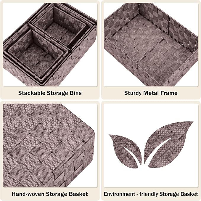Storage Baskets with Lids: 6 Pack Stackable Woven Storage Bins, Brown | Decorative Woven Baskets for Organizing with Built-In Handles for Shelves, Closets, Cabinets and Cubbies, Gift Small Basket