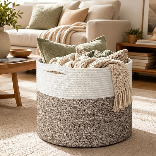 Goodpick Woven Rope Basket for Blankets, Storage Basket for Toys, 45L | 15.8 x 15.8 x 13.8 In Baby Toy Storage Basket for Nursery, Blanket Basket Living Room, Laundry Basket for Towels, Bin,Mele