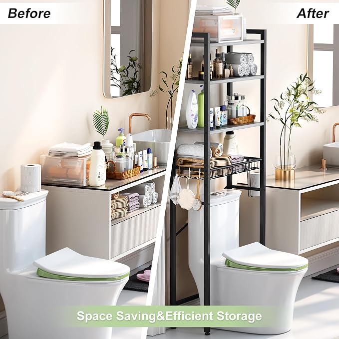 Kalrin Over-The-Toilet Storage Rack, 4-Tier Bathroom Organizer Shelf Over Toilet with Adjustable Shelf and Basket, Freestanding Space Saver Bathroom Shelves Above Toilet for Room (Pure Gray)