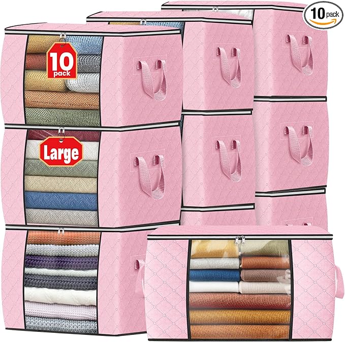 Fab totes 24 Gallons Clothes Storage, Foldable Thick Fabric Blanket Storage Bags, Containers for Organizing Bedroom, Closet, Clothing, Comforter, Organization with Handle (10 Pack,Pink)