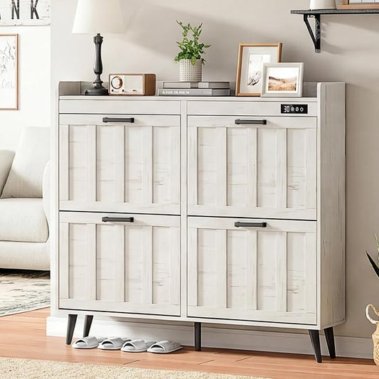 ChooChoo Shoe Storage Cabinet with 4 Flip Drawers and Deodorizer | Shoe Organizer Storage for Entryway, Freestanding Hidden Slim Narrow Shoe Rack Cabinet, Antique White