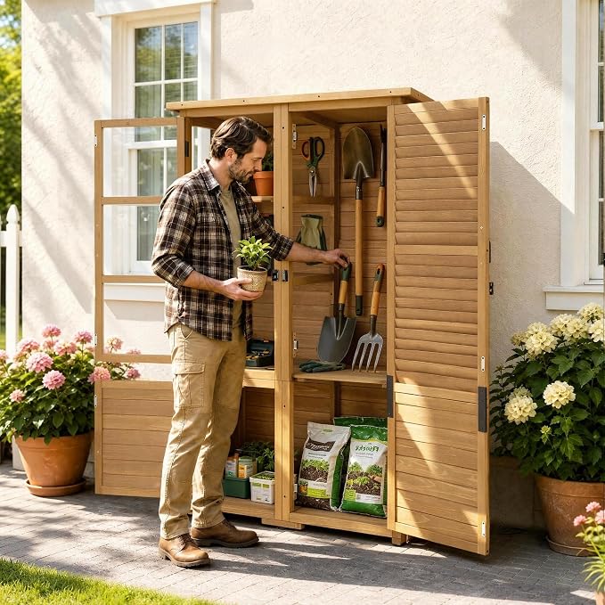 Macrout 30 Cu.Ft Outdoor Storage Cabinet with 4 Shelves for Garden, Outside Vertical Storage Wood Tool Shed with Waterproof Roof, Lockable Door for Yard and Patio Lawn W981D