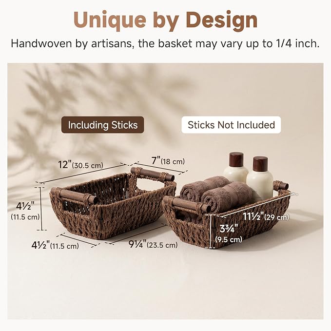 StorageWorks Handwoven Small Wicker Baskets, Round Paper Rope Storage Baskets with Wooden Handles, Dark Brown, 2-Pack