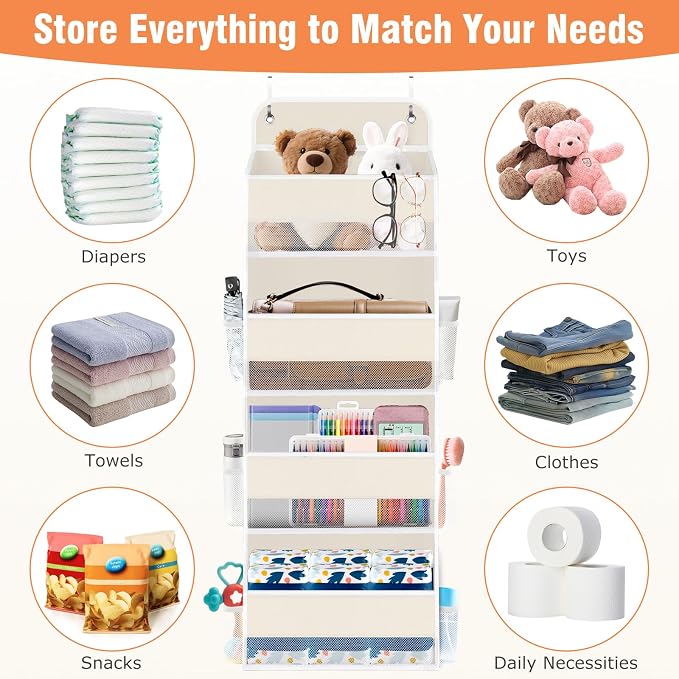 Over The Door Organizer Storage Large Capacity Hanging Bedroom Storage | 4 Shelves, 40 LB Capacity, Foldable Mesh Design, Clear Window, Sturdy, Large Storage Organizer for Nursery, Pantry & Closet