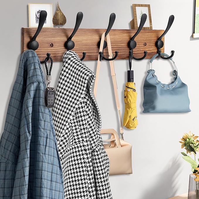 Kuhome Coat Rack Wall Mount Wooden Hat Rack for Wall Hooks Pine Real Wood Plank 16.9" Brown Coat Hanger with 5 Triple Hooks for Hanging Coat Hat Jacket