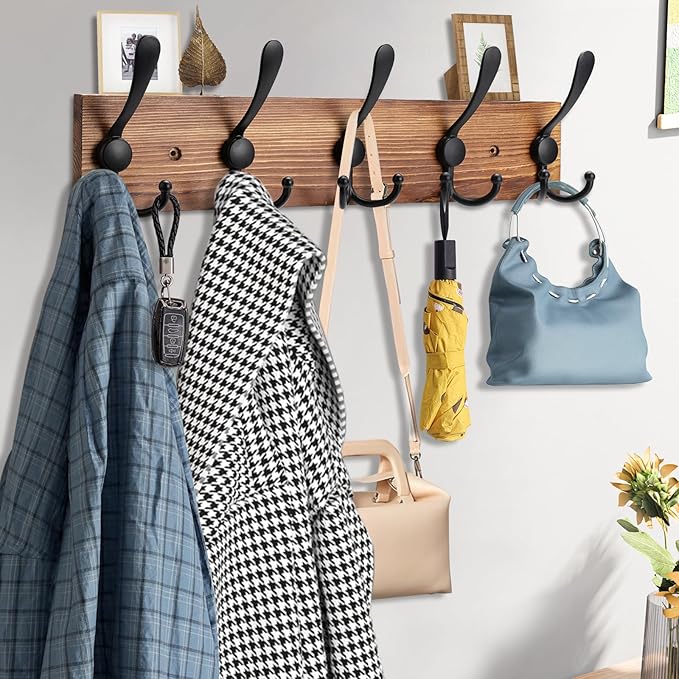Kuhome 2pcs Coat Rack Wall Mount Wooden Hat Rack for Wall Hooks Pine Real Wood Plank 16.9" Brown Coat Hanger with 5 Triple Hooks for Hanging Coat Hat Jacket