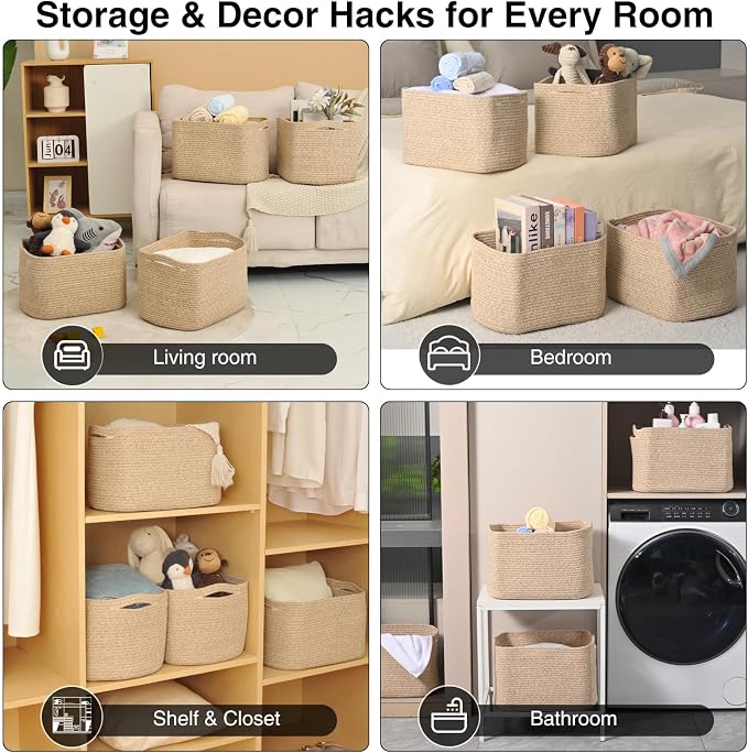 ICERZCZ Woven Cotton Rope Storage Baskets for Organizing & Shelves, Organization Bins for Dog Toys, Clothes, Books, Nursery Organizer, 15"x11"x9", Mixed Brown (4 Packs)