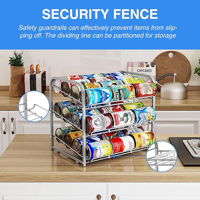 Can Rack Organizer,3 Tier Stackable Can Storage Dispenser,Sliver | Can Food Storage Rack|Holds 36 Cans|Space-Saving Pantry&Cabinet|Easy Access to Canned Goods-13.4"D x 16.6"W x 14.8"H