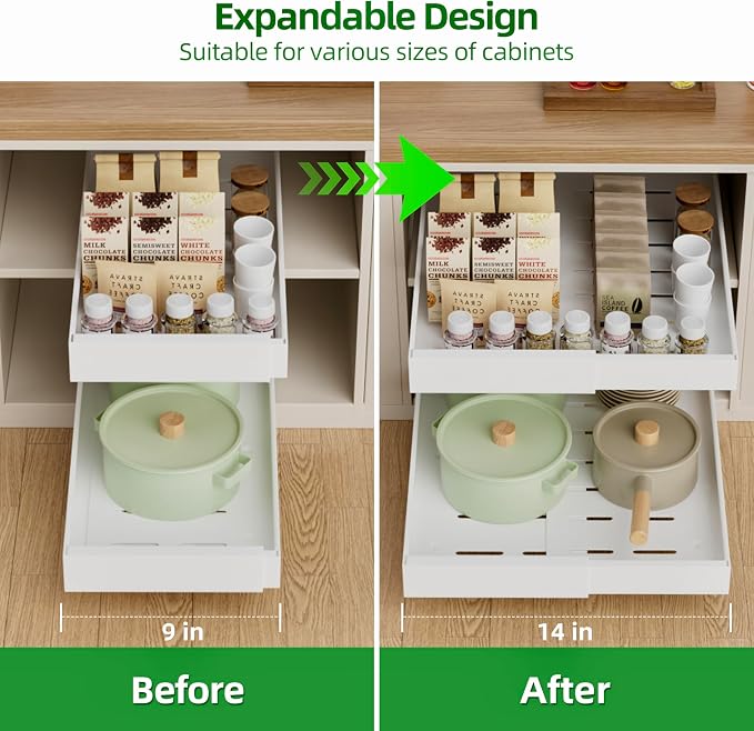 PAKETA 4 Pack Expandable Pull Out Cabinet Organizer,21" Deep | Pull Out Drawers for Cabinets with width from 9" to 14",Sliding Drawers for Cabinets with Upgrade 3 Slide Rails,hold 65 lbs