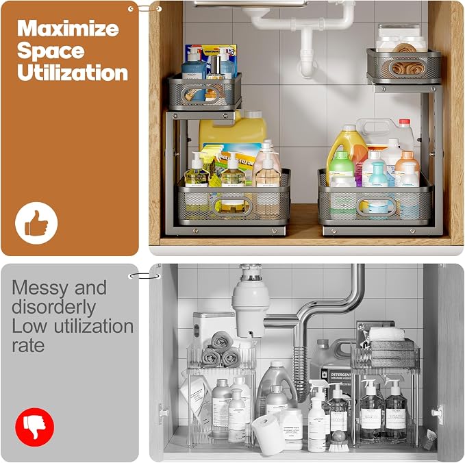 2 Pack 15.7IN-Depth Under Sink Organizer With Smooth Cylindrical Rail,2-Tier Pull Out Multi-Purpose Cabinet Storage for Bathroom&Kitchen,Height Adjustable,Rust-resistant Coating-Gun Gray