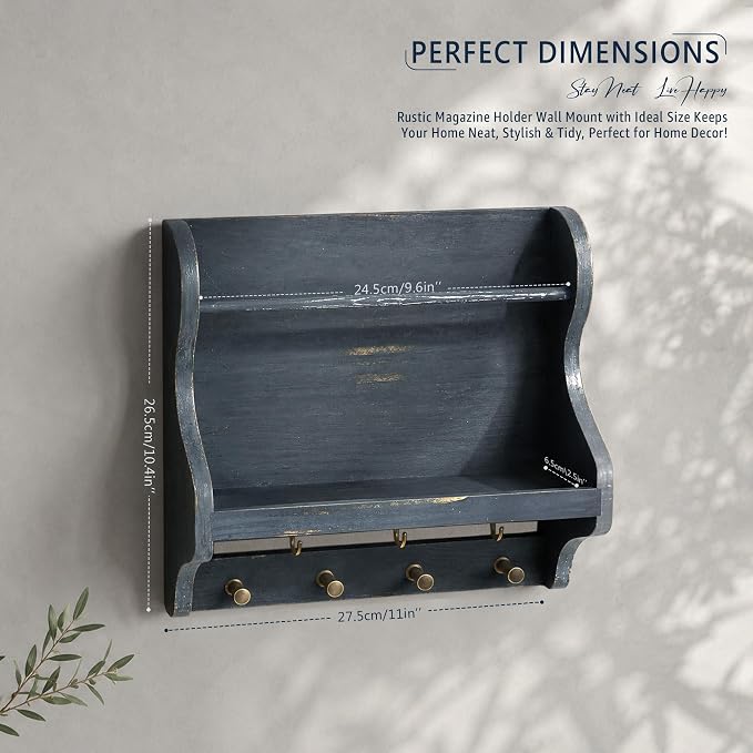 Pine Wood Mail Organizer Wall Mount with 7 Key Hooks Entryway, Royal Blue | Mail Holder for Wall, Key Hanger for Sunglasses and Wallets, Magazine Holder for Bill Storage, Apartment Rustic Aesthetic