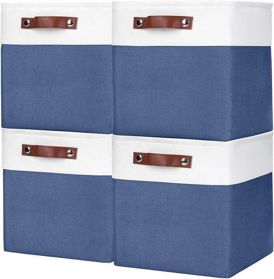 Bagnizer Collapsible Fabric Storage Cubes 11x11 Cube Storage Bins, 4 Pack Closet Baskets Box with Handles for Organizing, Shelf, Toys, Clothes, Home, Office, Nursery (Navyblue&White)
