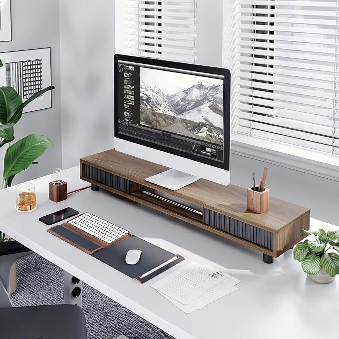 Fenge Dual Monitor Stand with Storage, Desk Shelf with Glass Sliding Door | Ergonomic Height Adjustment, 42.5in Monitor Shelf, 2-Tier Monitor Riser, Desk Organizer for Screen, PC, Laptop, Brown